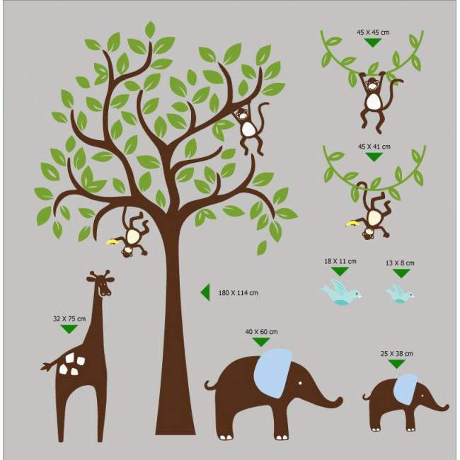 Kids wall stickers Tree with giraffe, little elephants and monkeys, combination 1