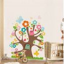 Αυτοκόλλητο τοίχου δέντρο, κουκουάγιες, λουλούδια, Χαρούμενο δέντρο