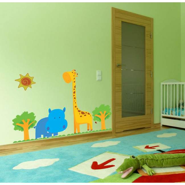 Kids wall stickers Hippopotamus, giraffe, Happy Blue Hippo & Giraffe