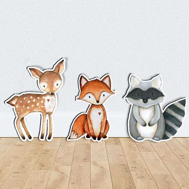 Wooden printed figures, Deer, fox, raccoon watercolor, set of 3 wooden figures printed
