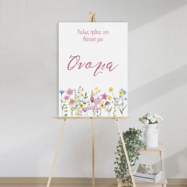 Canvas print welcome to my baptism, spring flowers minimal pinks