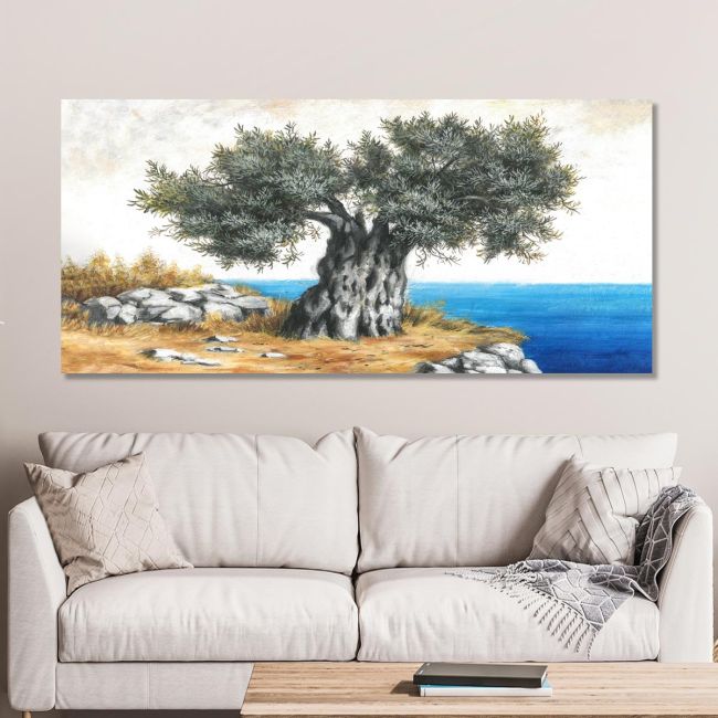 Canvas print Olive tree at sea, panoramic