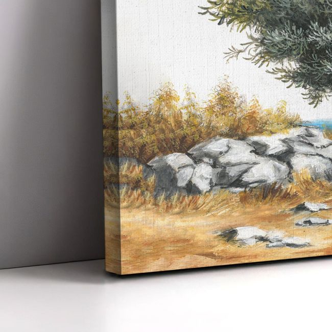 Canvas print Olive tree at sea, panoramic