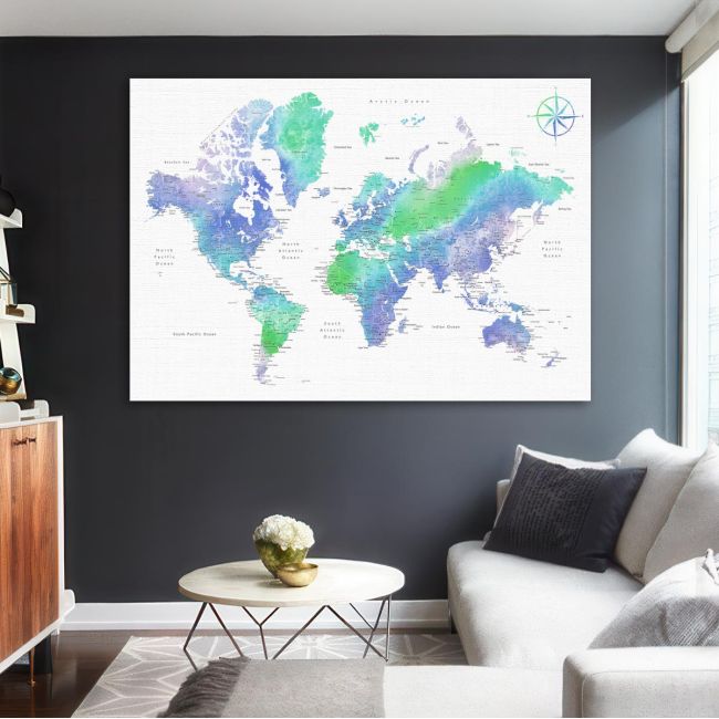 Πίνακας σε καμβά Green blue world map 