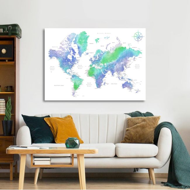 Πίνακας σε καμβά Green blue world map 