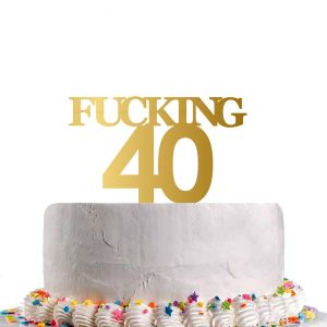 Gold acrylic FUCKING 40 cake topper. Modern style on white cake with sprinkles. 2