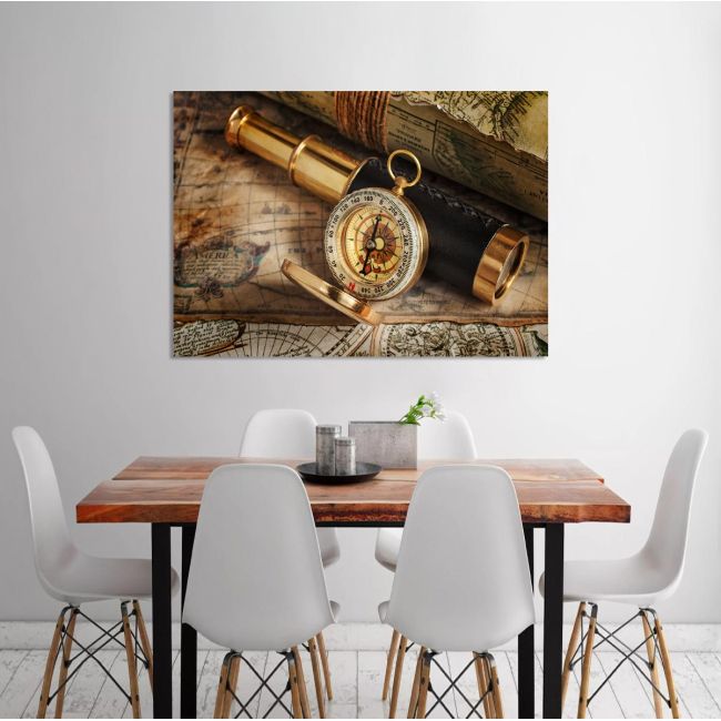 Canvas print Vintage compass telescope and map