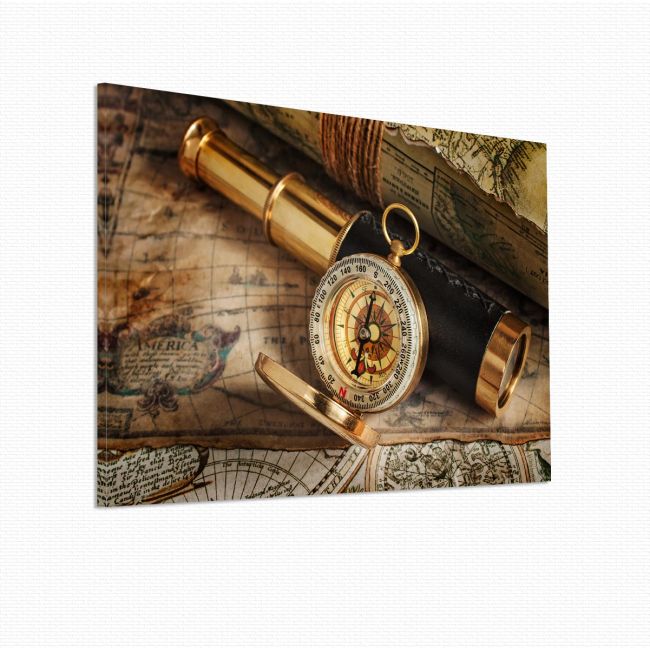 Πίνακας σε καμβά Vintage compass telescope and map