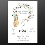 Paper baptism invitation, vintage style, featuring a girl, teddy bear, and watercolor floral wreath.