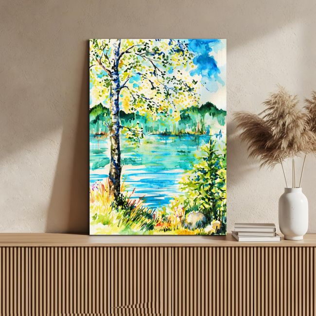 Πίνακας σε καμβά Δέντρο σε λίμνη, Birch on the shore of lake