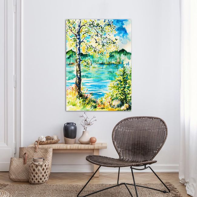 Canvas print Birch on the shore of lake