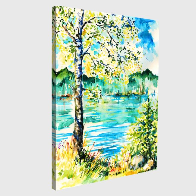 Canvas print Birch on the shore of lake