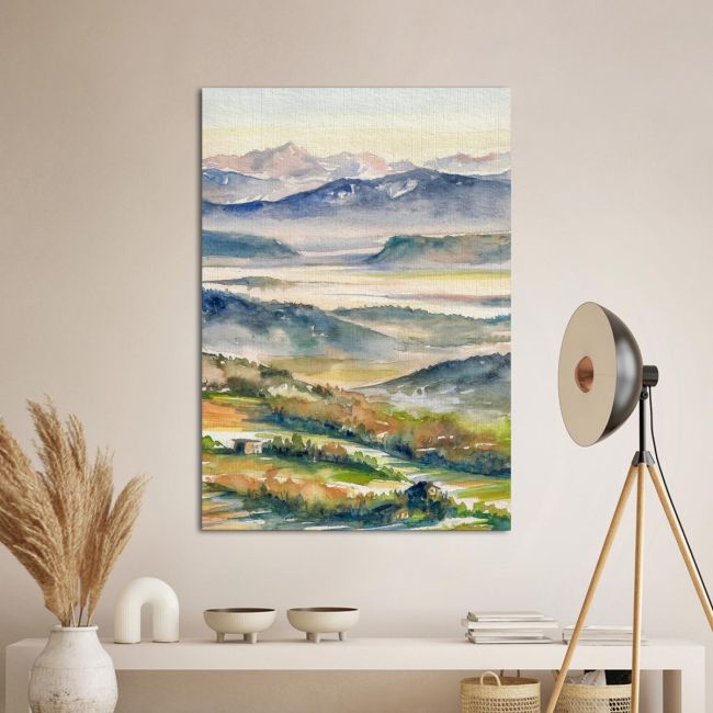 Πίνακας σε καμβά Τοπίο λόφοι, Hills and river in the mist