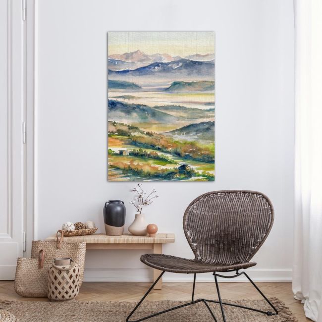 Canvas print Hills and river in the mist