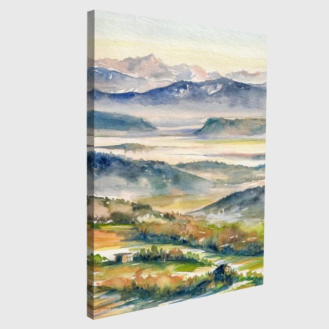 Canvas print Hills and river in the mist