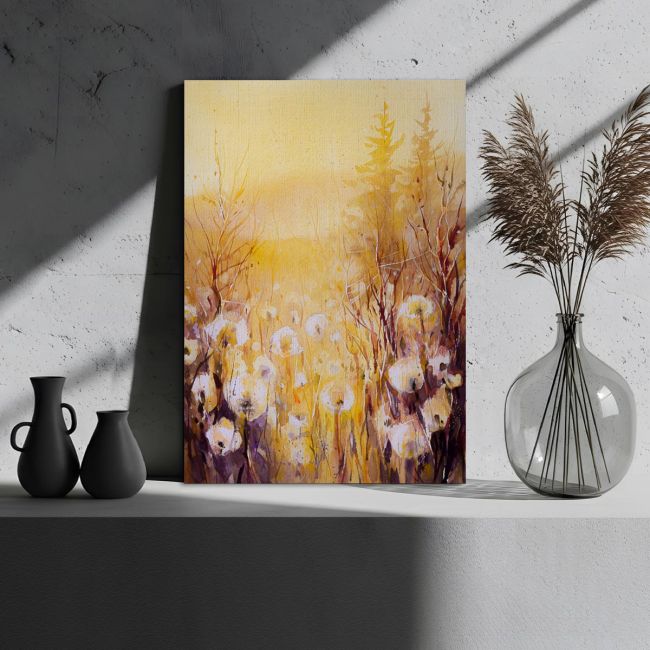 Canvas printDandelion seeds in meadow