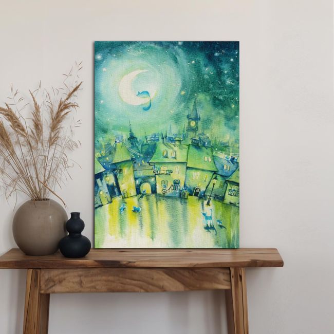Cats town at night canvas print