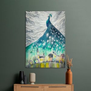 Canvas print Illustration of peacock as night sky over city