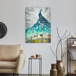 Πίνακας σε καμβά Παγόνι, Illustration of peacock as night sky over city 2