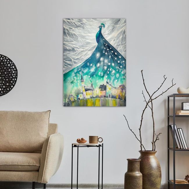 Πίνακας σε καμβά Παγόνι, Illustration of peacock as night sky over city