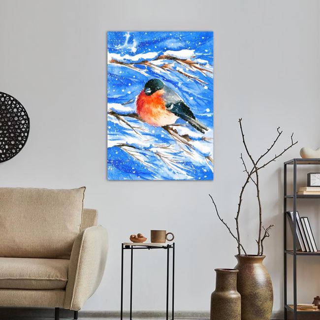 Πίνακας σε καμβά Κοκκινολαίμης. Bullfinch in winter