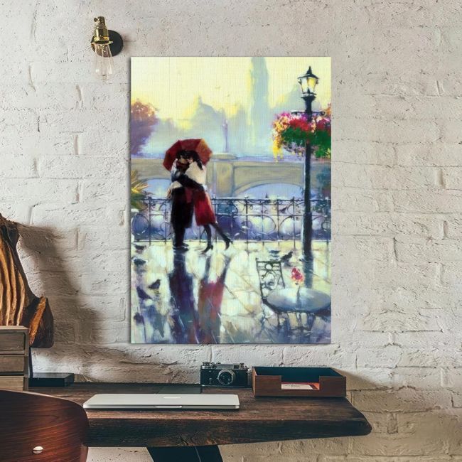 Πίνακας σε καμβά ζευγάρι στη βροχή, Enamoured couple in the rain