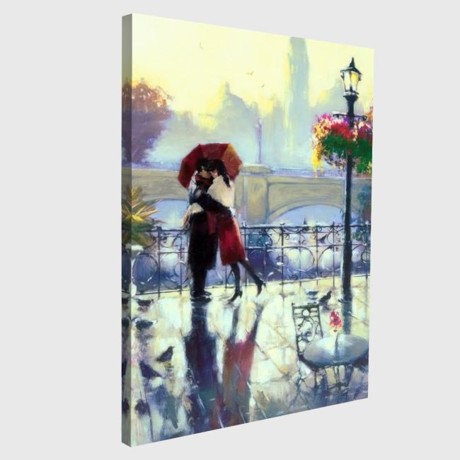 Πίνακας σε καμβά ζευγάρι στη βροχή, Enamoured couple in the rain