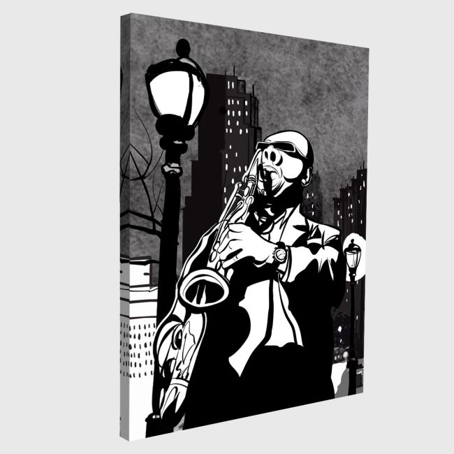 Canvas print Saxophone player in a street at night