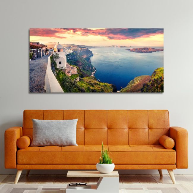Πίνακας σε καμβά Sunny morning in Santorini, πανοραμικός