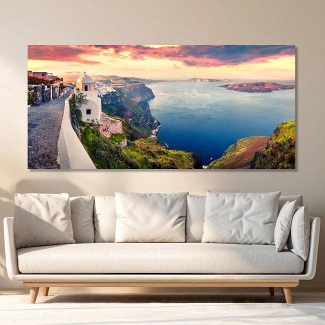 Πίνακας σε καμβά Sunny morning in Santorini, πανοραμικός