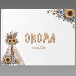 Hardcover white guest book with Native American tepee, sunflowers, feathers. Personalized name/date.