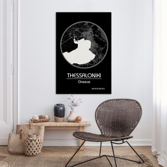 Canvas print Thessaloniki map, Cartography BW