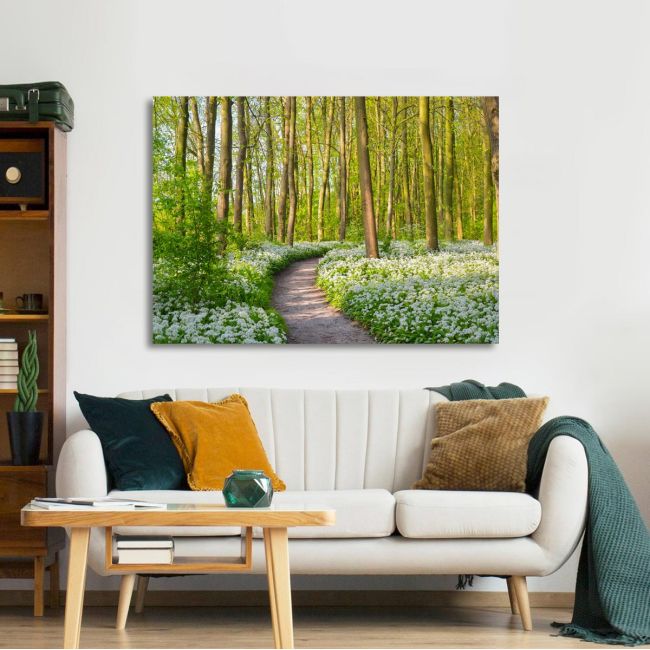 Canvas print Forest with blooming white flowers