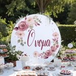 Ξύλινη στρογγυλή πινακίδα candy bar με ζωγραφιστά λουλούδια σε σάπιο μήλο αποχρώσεις και όνομα, σε εξωτερικό χώρο.