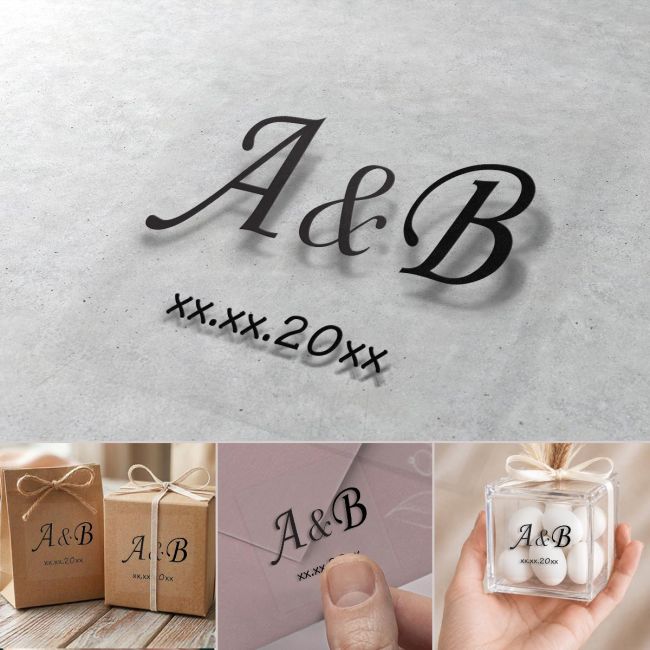 Διαφανής αυτοκόλλητη ετικέτα, αρχικά A&B, ημερομηνία, κομψή γραμματοσειρά, σε γκρι ανάγλυφη επιφάνεια.