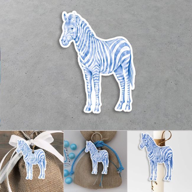 Wooden light blue watercolor zebra figure. Die-cut, on gray background, ideal for favors.