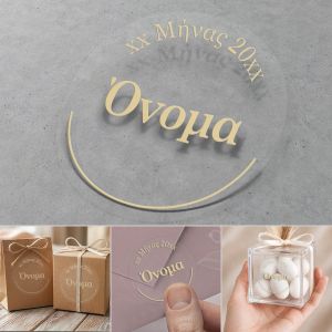 Transparent round self-adhesive baptism sticker, gold print name/date, on grey background.
