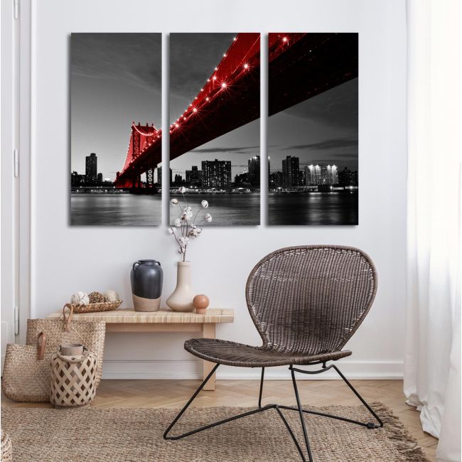 Πίνακας σε καμβά Red Manhattan bridge, τρίπτυχος
