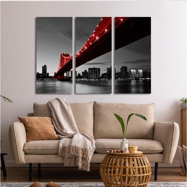 Πίνακας σε καμβά Red Manhattan bridge, τρίπτυχος