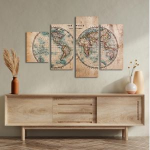 Πίνακας σε καμβά Old world map in hemispheres τετράπτυχος ασύμμετρος