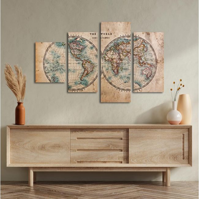 Canvas printOld world map in hemispheres four panels asymmetric