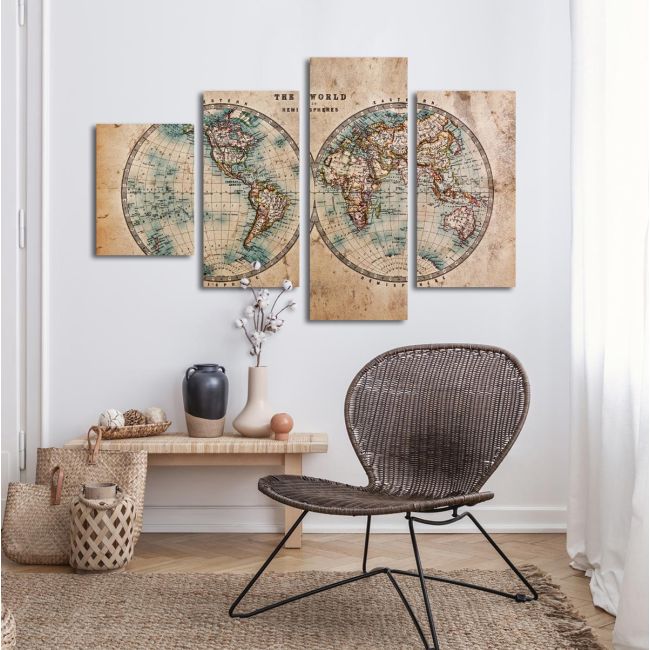 Πίνακας σε καμβά Old world map in hemispheres τετράπτυχος ασύμμετρος