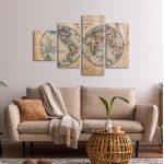 Canvas printOld world map in hemispheres four panels asymmetric