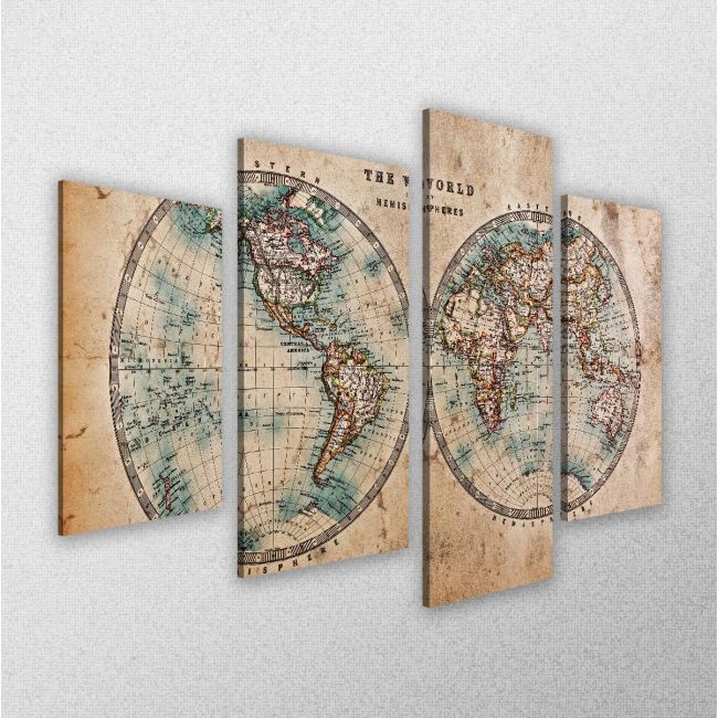 Πίνακας σε καμβά Old world map in hemispheres τετράπτυχος ασύμμετρος