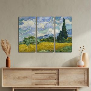 Πίνακας σε καμβά Wheat field with cypresses, Vincent van Gogh, τρίπτυχος