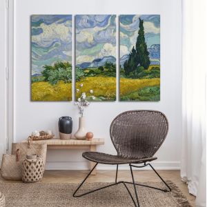 Πίνακας σε καμβά Wheat field with cypresses, Vincent van Gogh, τρίπτυχος 2