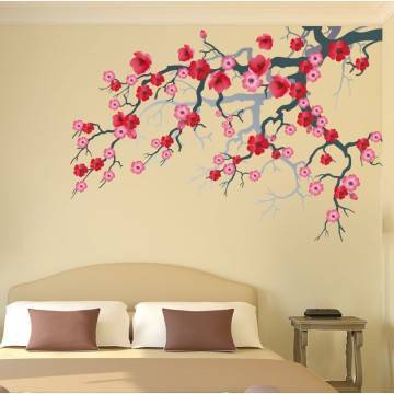Wall stickers blooming branch, pink and red flowers. Pink blossomed branch
