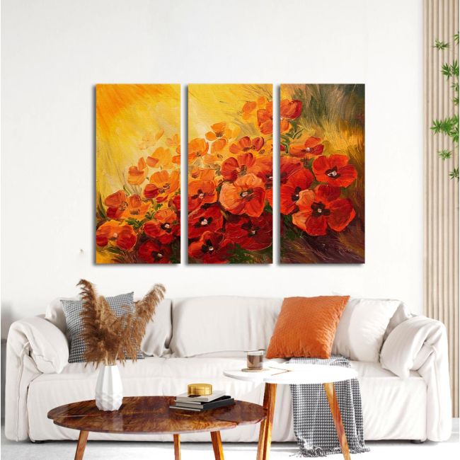 Πίνακας σε καμβά Παπαρούνες, Illustration of poppies, τρίπτυχος