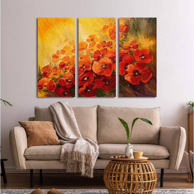 Πίνακας σε καμβά Παπαρούνες, Illustration of poppies, τρίπτυχος