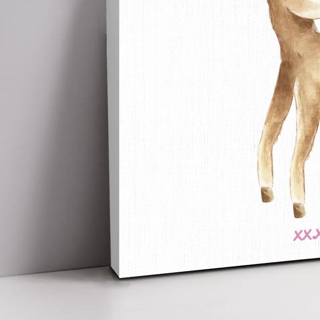 Baptism board, watercolor fawn with flowers on white canvas, leaning against a grey surface.